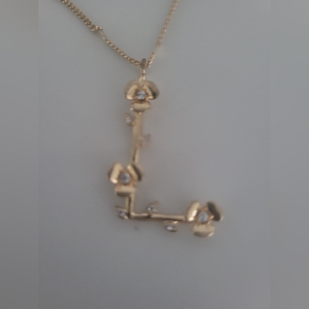 Anthropologie Gold Floral Necklace L Initial w Crystal Accents